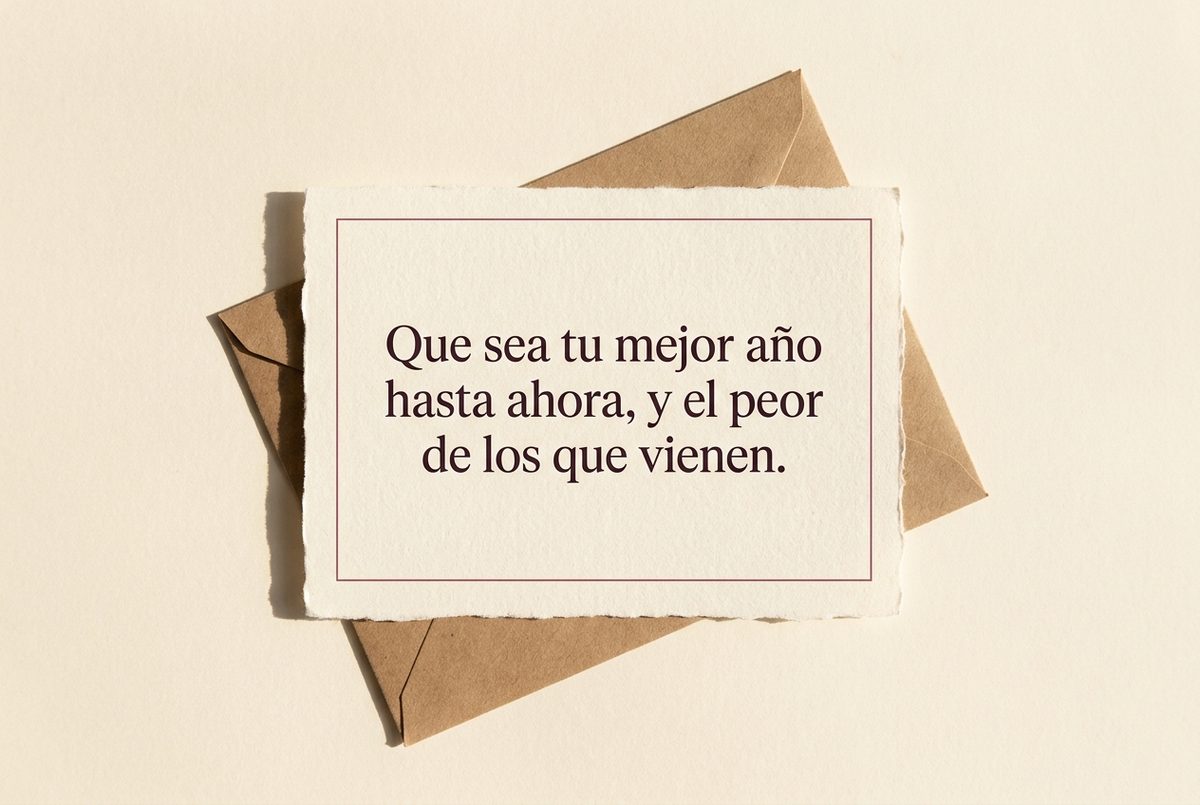 Tarjeta de cumpleaños de papel crema hecho a mano, con borde deckle y un filete impreso en rosa oscuro, fotografiada en plano cenital. En la tarjeta se lee «Que sea tu mejor año hasta ahora, y el peor de los que vienen.». Al lado, un sobre de papel kraft en diagonal debajo.
